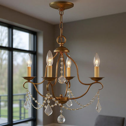 Gold Four Light Metal Dimmable Chandelier With Shades
