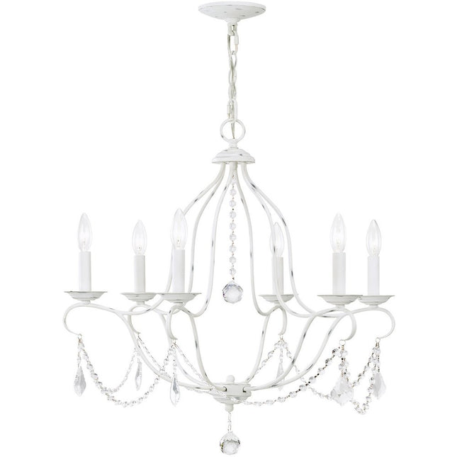 Antiqued White Six Light Metal Dimmable Chandelier With Shades