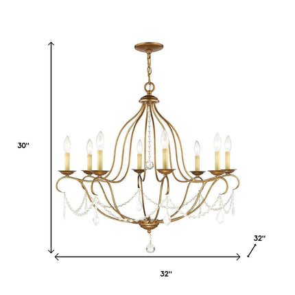 Antiqued Gold Eight Light Metal Dimmable Chandelier With Shades