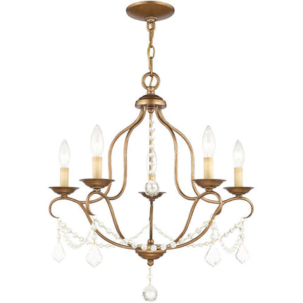 Antiqued Gold Five Light Metal Dimmable Chandelier With Shades