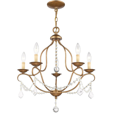 Antiqued Gold Five Light Metal Dimmable Chandelier With Shades