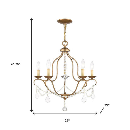 Antiqued Gold Five Light Metal Dimmable Chandelier With Shades