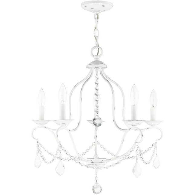 Antiqued White Five Light Metal Dimmable Chandelier With Shades HomeRoots