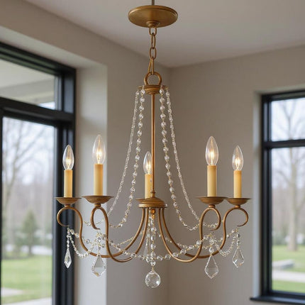 Antiqued Gold Five Light Metal Dimmable Chandelier With Shades