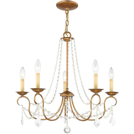Antiqued Gold Five Light Metal Dimmable Chandelier With Shades