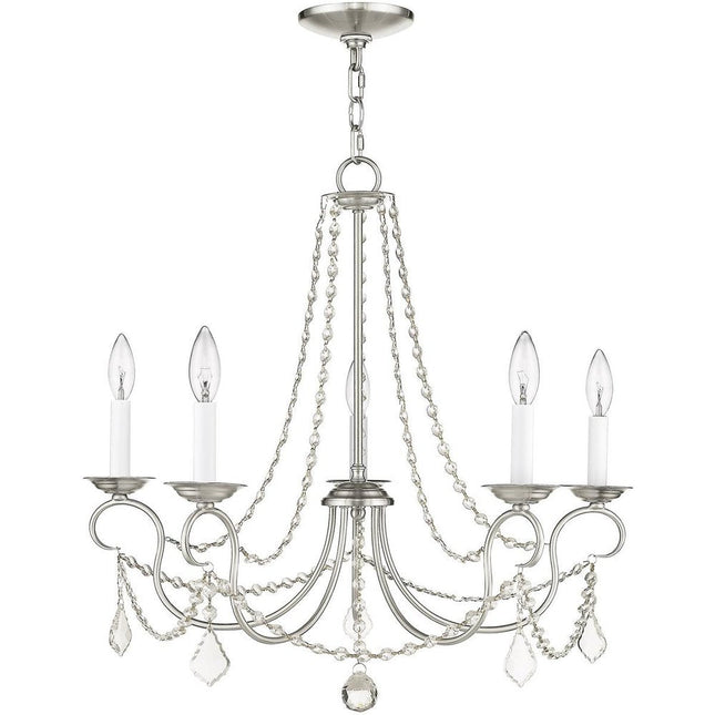 Nickel Five Light Metal Dimmable Chandelier With Shades HomeRoots