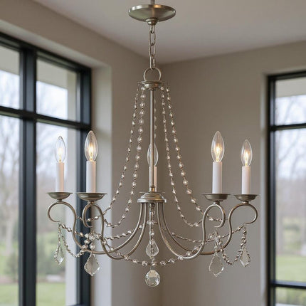 Nickel Five Light Metal Dimmable Chandelier With Shades
