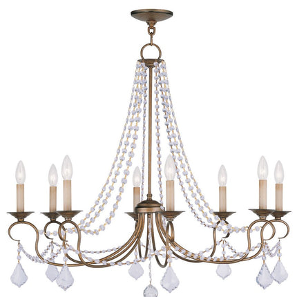 Antiqued Gold Eight Light Metal Dimmable Chandelier With Shades