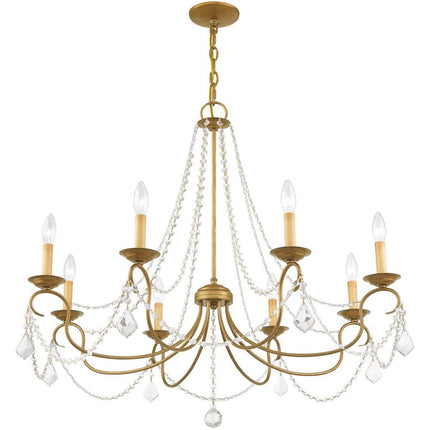 Antiqued Gold Eight Light Metal Dimmable Chandelier With Shades