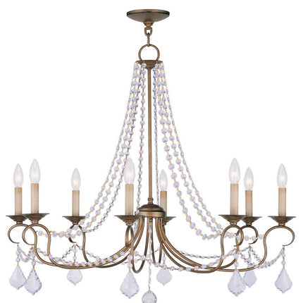 Antiqued Gold Eight Light Metal Dimmable Chandelier With Shades