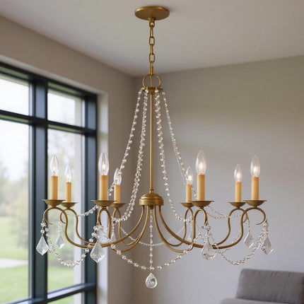 Antiqued Gold Eight Light Metal Dimmable Chandelier With Shades