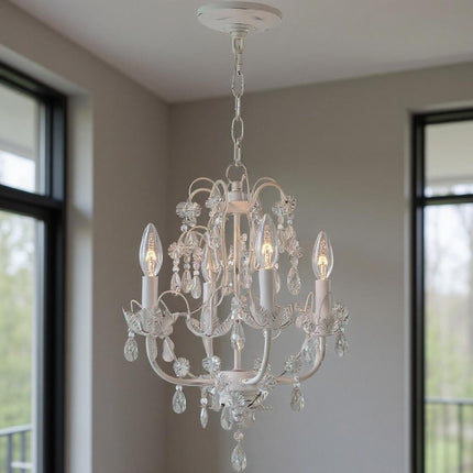 Antiqued White Four Light Metal Dimmable Chandelier With Shades