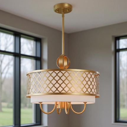 Gold And Off White Five Light Metal Dimmable Chandelier With Shades