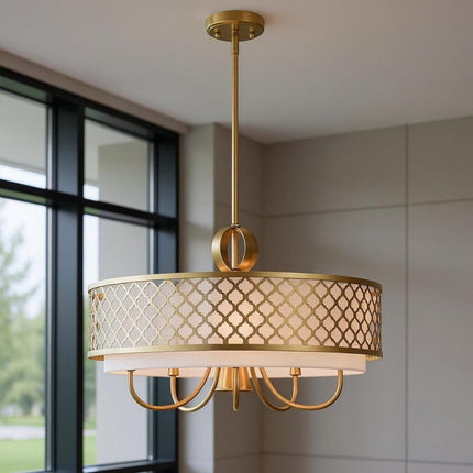 Gold And Off White Six Light Metal Dimmable Chandelier With Shades