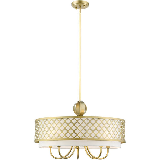 Gold And Off White Six Light Metal Dimmable Chandelier With Shades