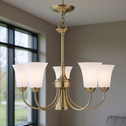 Antiqued Brass Six Light Metal Dimmable Chandelier With Shades