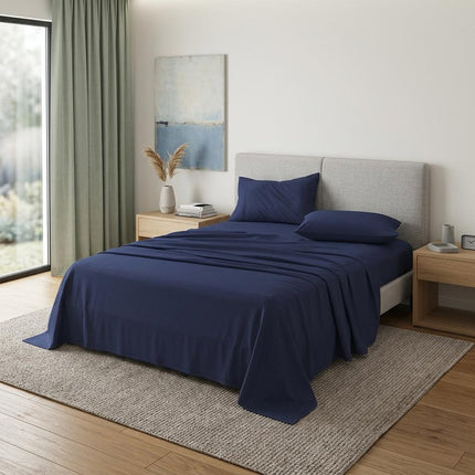 Four Piece Navy Blue Cotton Queen Sheet Set