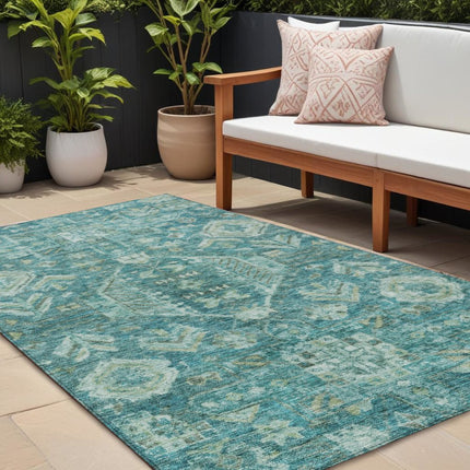 9' X 12' Turquoise And Teal Blue Medallion Washable Indoor Outdoor Area Rug