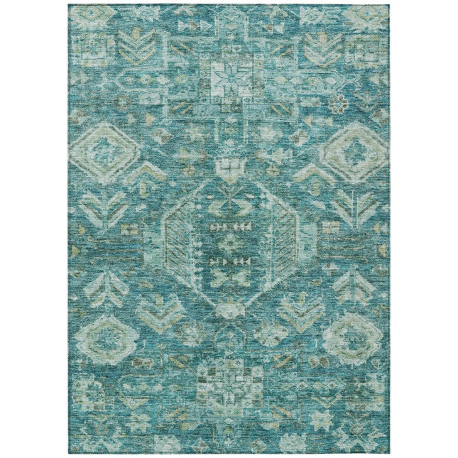 9' X 12' Turquoise And Teal Blue Medallion Washable Indoor Outdoor Area Rug