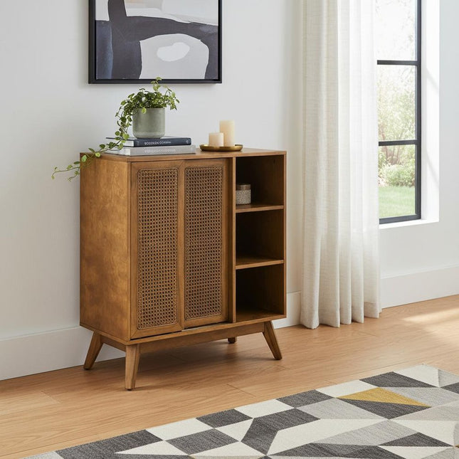 32" Light Brown Wood Sideboard With Two Sliding Doors HomeRoots