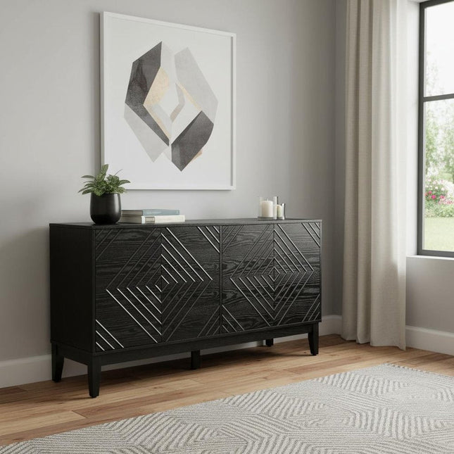 61" Black Wood Sideboard With Four Doors HomeRoots