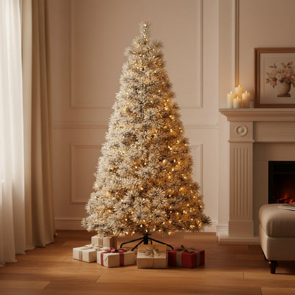 9' White Pre Lit Full Flocked Spruce Christmas Tree HomeRoots