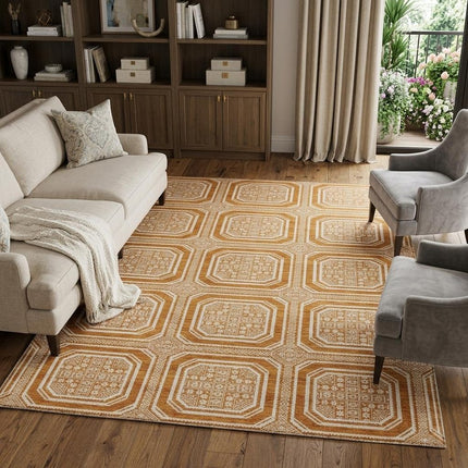 9' X 12' Terra Cotta And Ivory Geometric Washable Area Rug With UV Protection HomeRoots