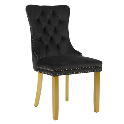 Set of Two Black and Gold Tufted Velvet Dining Side Chairs