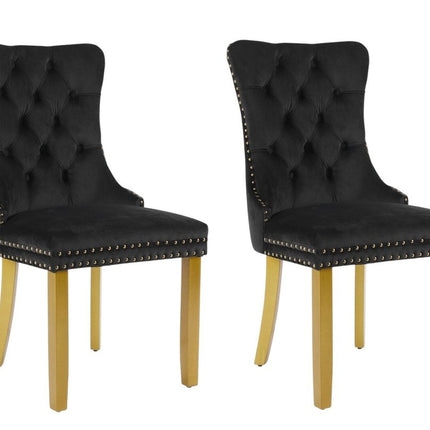 Set of Two Black and Gold Tufted Velvet Dining Side Chairs