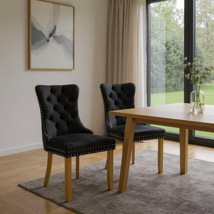 Set of Two Black and Gold Tufted Velvet Dining Side Chairs