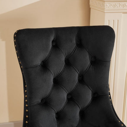 Set of Two Black and Gold Tufted Velvet Dining Side Chairs