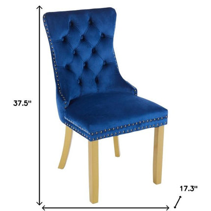 Set of Two Blue and Gold Tufted Velvet Dining Side Chairs