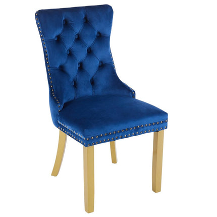Set of Two Blue and Gold Tufted Velvet Dining Side Chairs