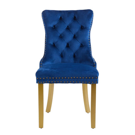 Set of Two Blue and Gold Tufted Velvet Dining Side Chairs