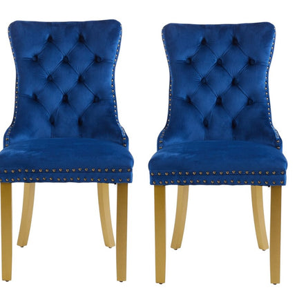 Set of Two Blue and Gold Tufted Velvet Dining Side Chairs