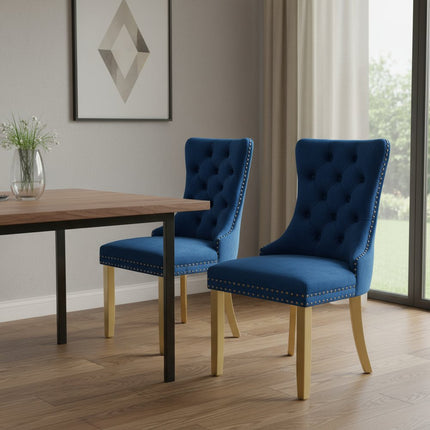 Set of Two Blue and Gold Tufted Velvet Dining Side Chairs