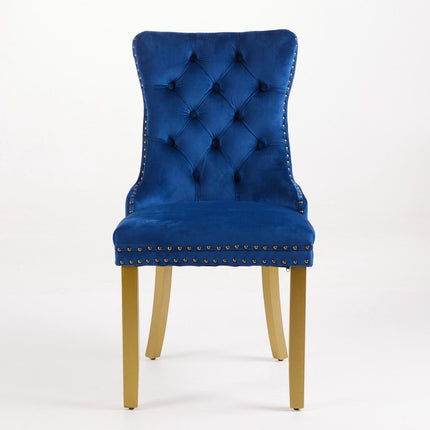 Set of Two Blue and Gold Tufted Velvet Dining Side Chairs