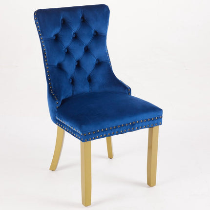 Set of Two Blue and Gold Tufted Velvet Dining Side Chairs