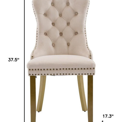 Set of Two Beige and Gold Tufted Velvet Dining Side Chairs