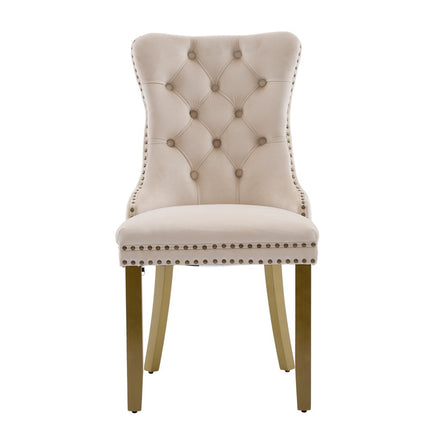 Set of Two Beige and Gold Tufted Velvet Dining Side Chairs