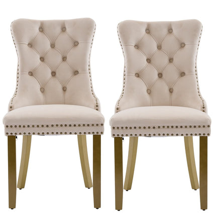 Set of Two Beige and Gold Tufted Velvet Dining Side Chairs
