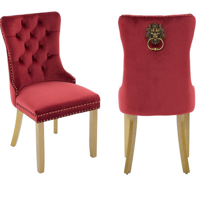 Set of Two Red and Gold Tufted Velvet And Solid Wood Dining Side Chairs
