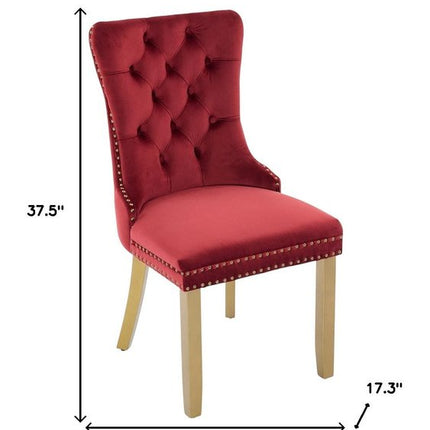 Set of Two Red and Gold Tufted Velvet And Solid Wood Dining Side Chairs
