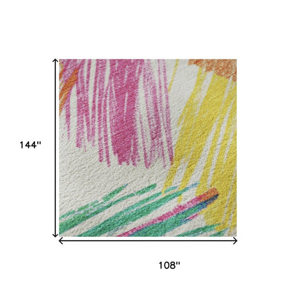9' X 12' White Yellow And Pink Striped Washable Area Rug With UV Protection
