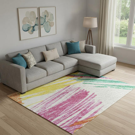 9' X 12' White Yellow And Pink Striped Washable Area Rug With UV Protection