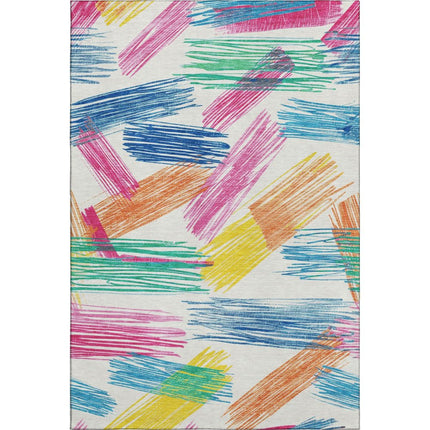 9' X 12' White Yellow And Pink Striped Washable Area Rug With UV Protection