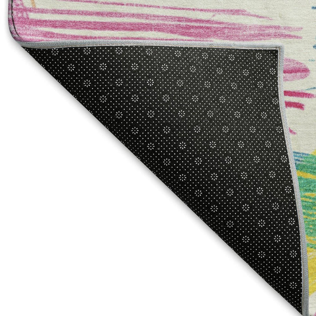 9' X 12' White Yellow And Pink Striped Washable Area Rug With UV Protection