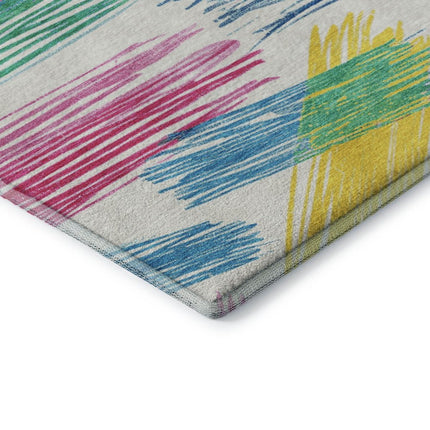 9' X 12' White Yellow And Pink Striped Washable Area Rug With UV Protection