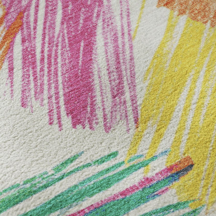9' X 12' White Yellow And Pink Striped Washable Area Rug With UV Protection