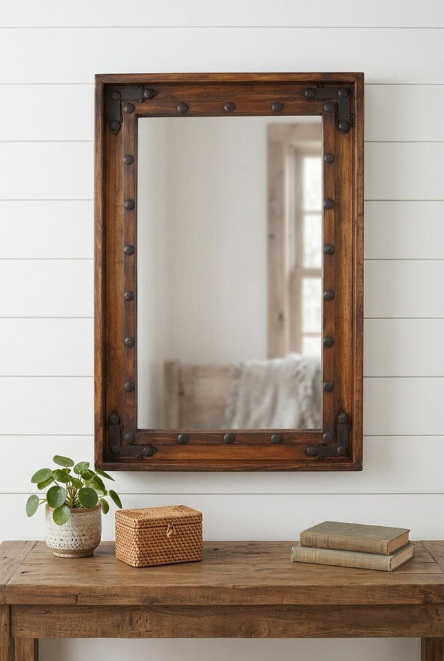 35" Brown Solid Wood Rustic Framed Accent Mirror HomeRoots